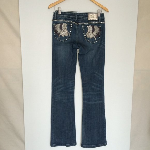 LA Idol USA Womens Jeans Boot Cut Sz 9 Feather Headdress Rhinestones Embellished - Picture 3 of 12